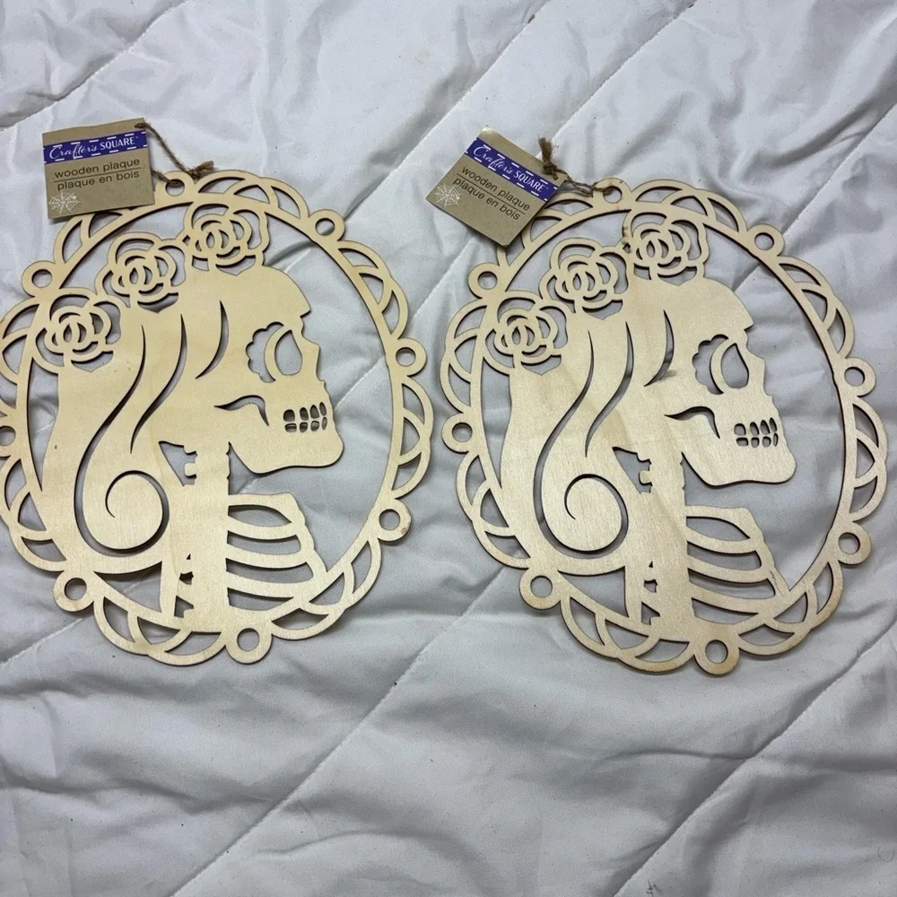 2 Skeleton Wooden Plaque Wall Art Decor- to paint or decorate craft. Halloween